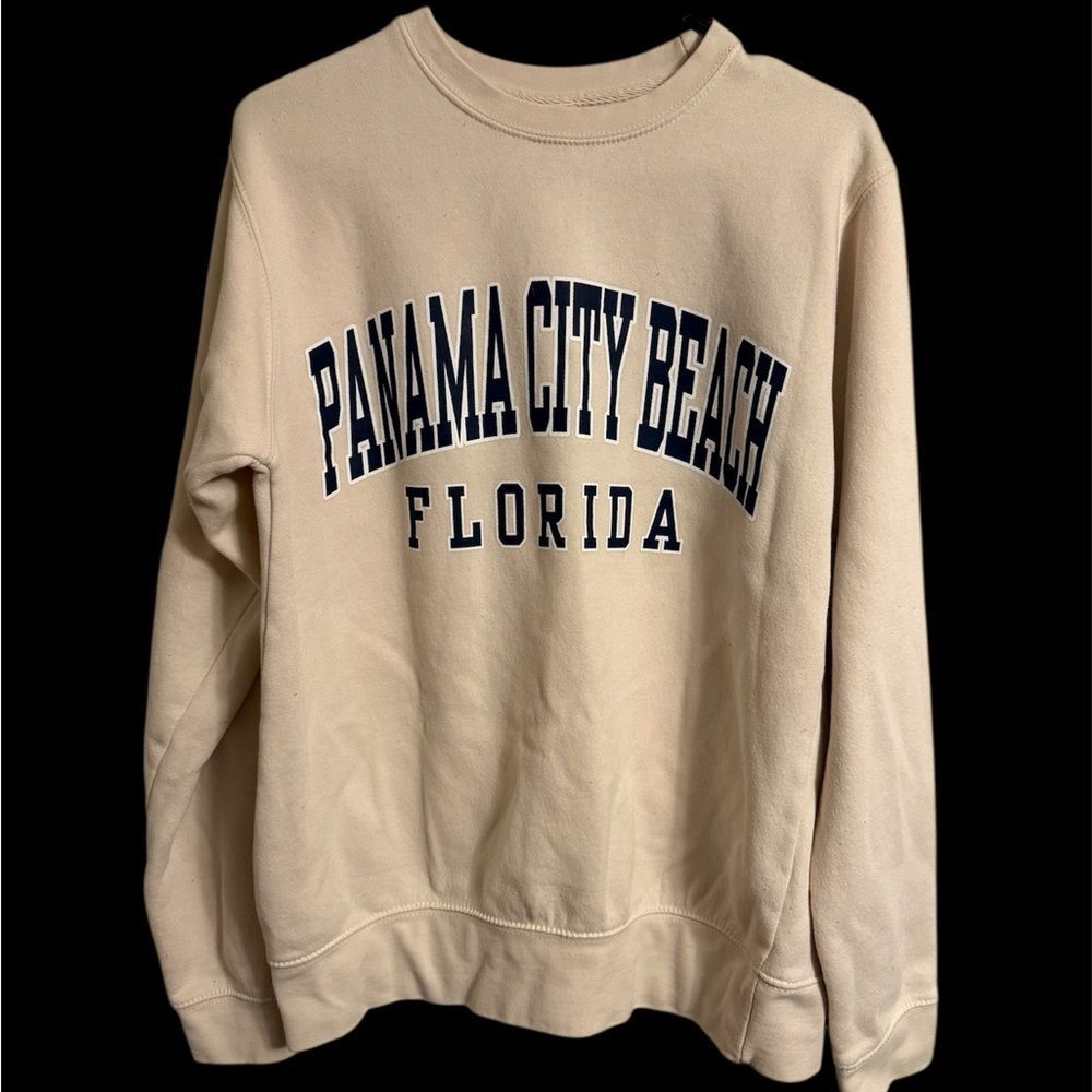 Pacifica Tan Crewneck Sweater with Navy Panama City Beach Print